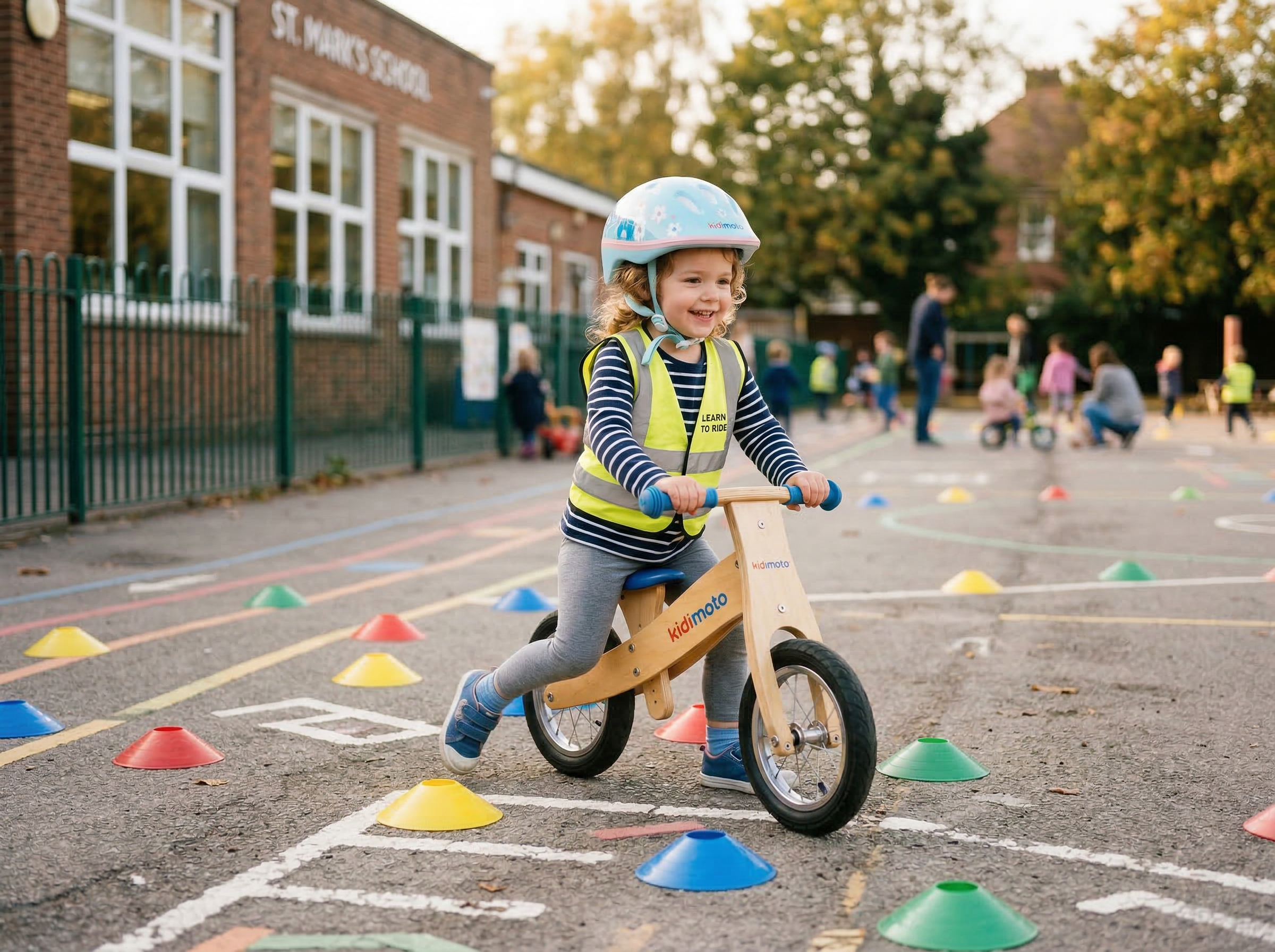 Young child on a balance bike learning to ride in a school playground