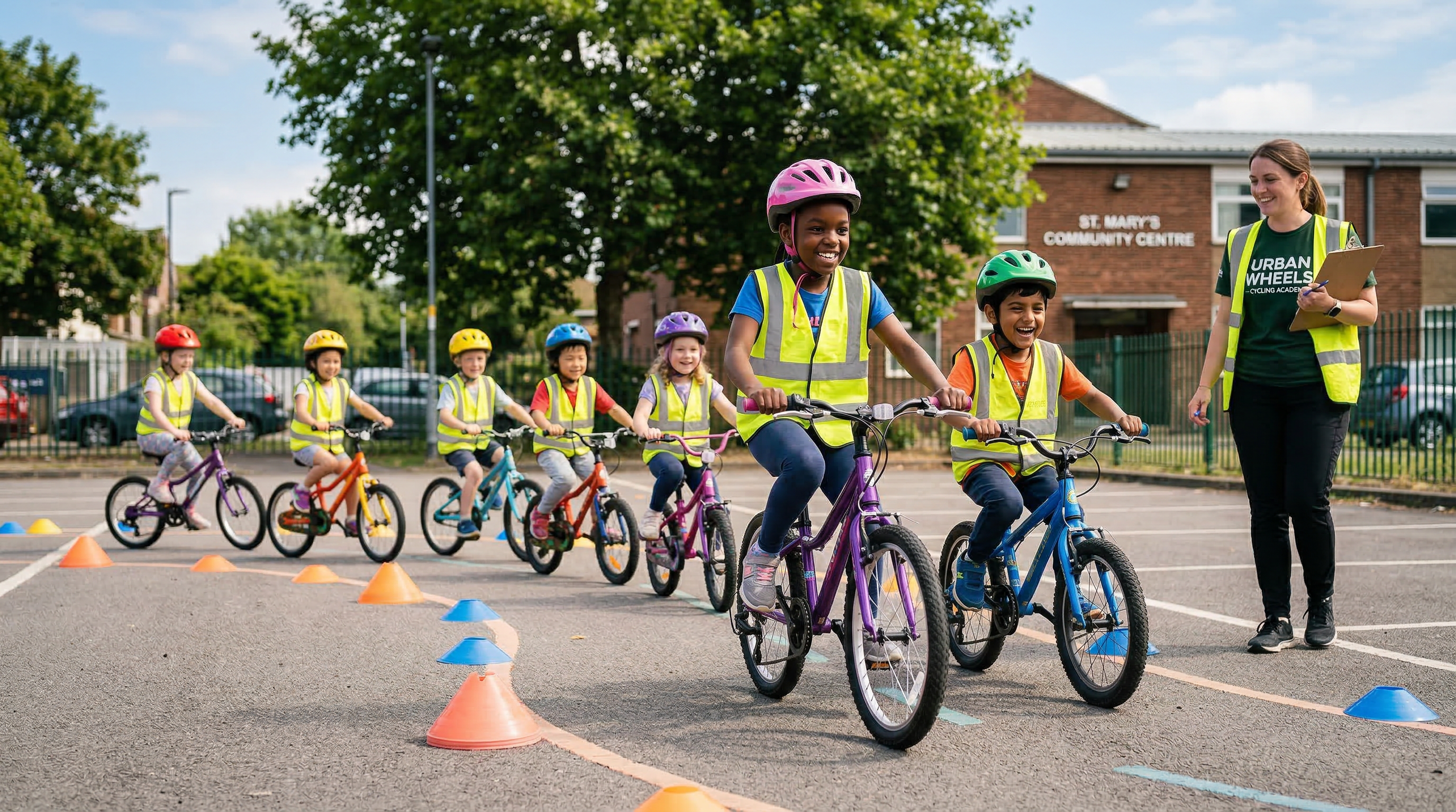 Children cycling happily in a safe car park environment with cones and instructors