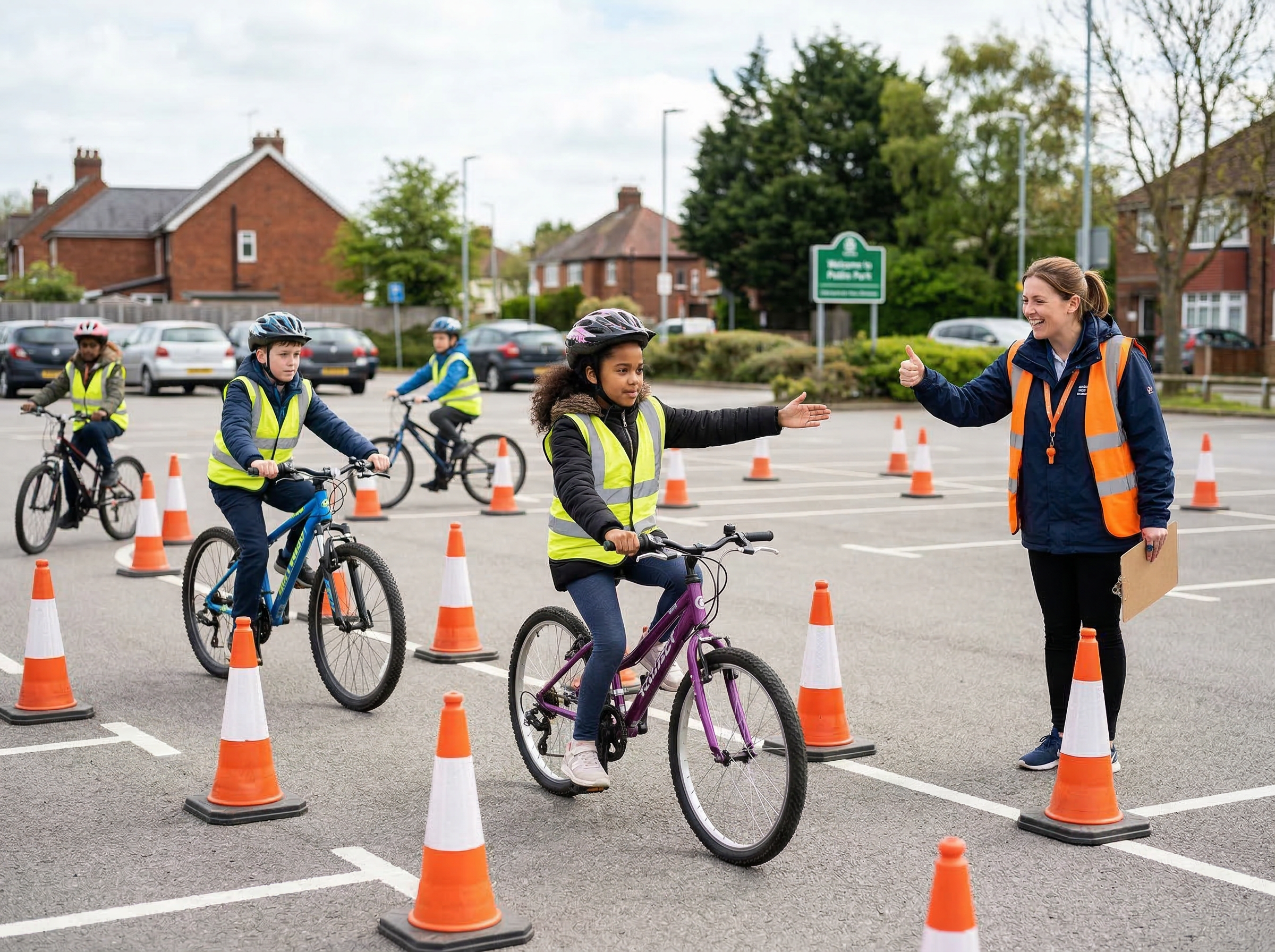 Older children navigating a simulated road course with cones and traffic signs